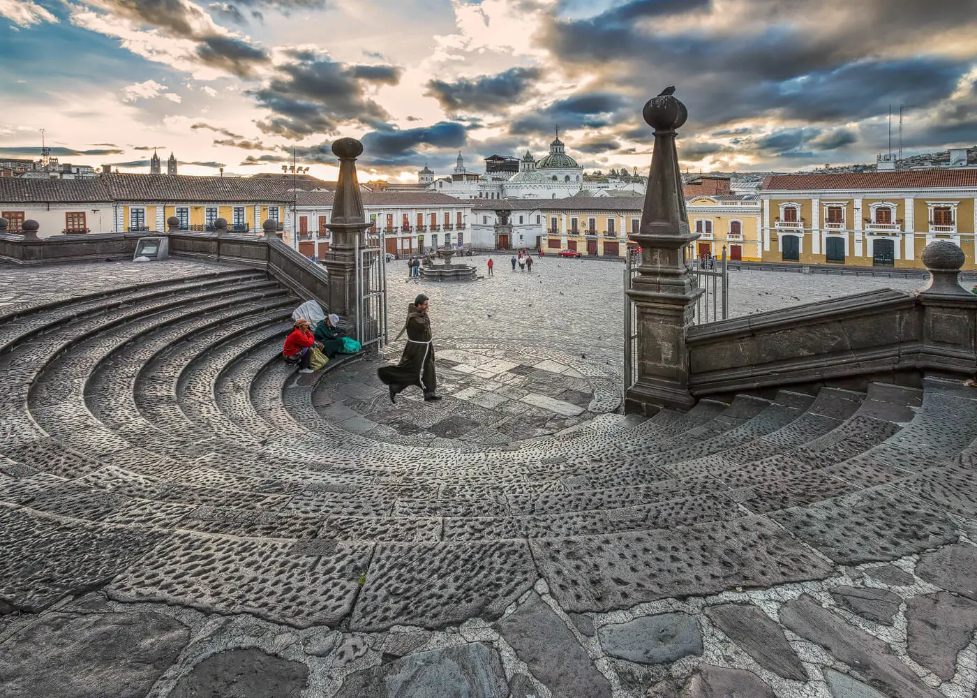 Monk, stairway of San Francisco Monastery and San Francisco Plaza - Quito